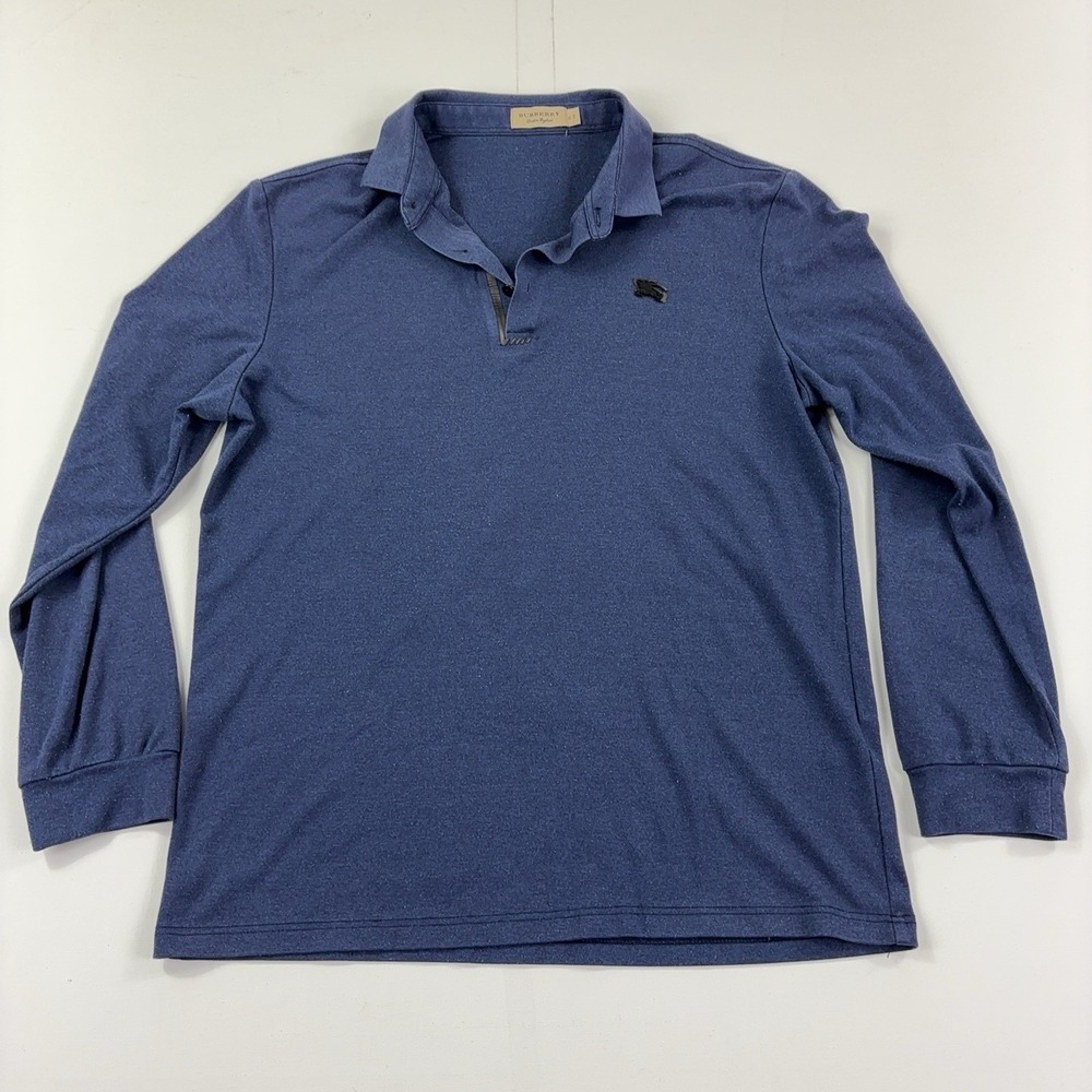 Burberry Men's XL Blue Long Sleeve Polo Shirt Equestrian Knight Logo Check Trim